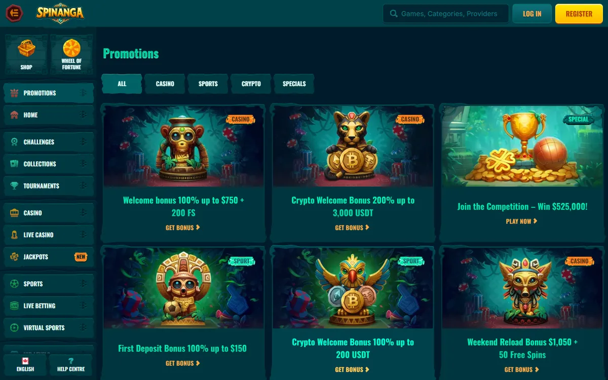 Spinanga Casino — Promotions, captured from Canada