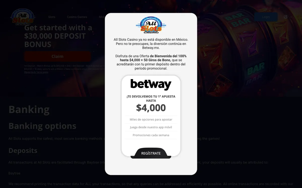 All Slots Casino — Payments, captured from Mexico