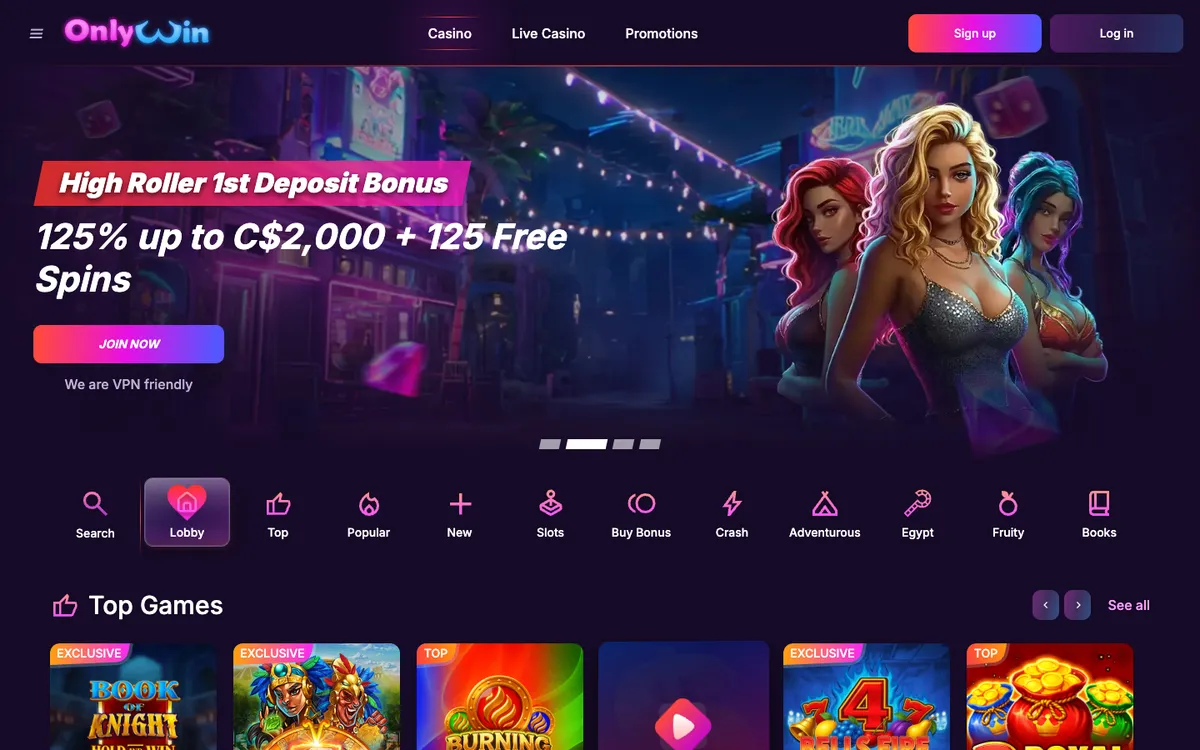 Only Win Casino — Home page, captured from Canada