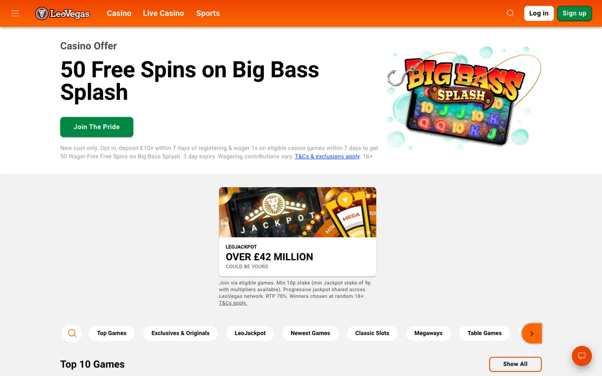 LeoVegas UK Casino — Home page, captured from United Kingdom