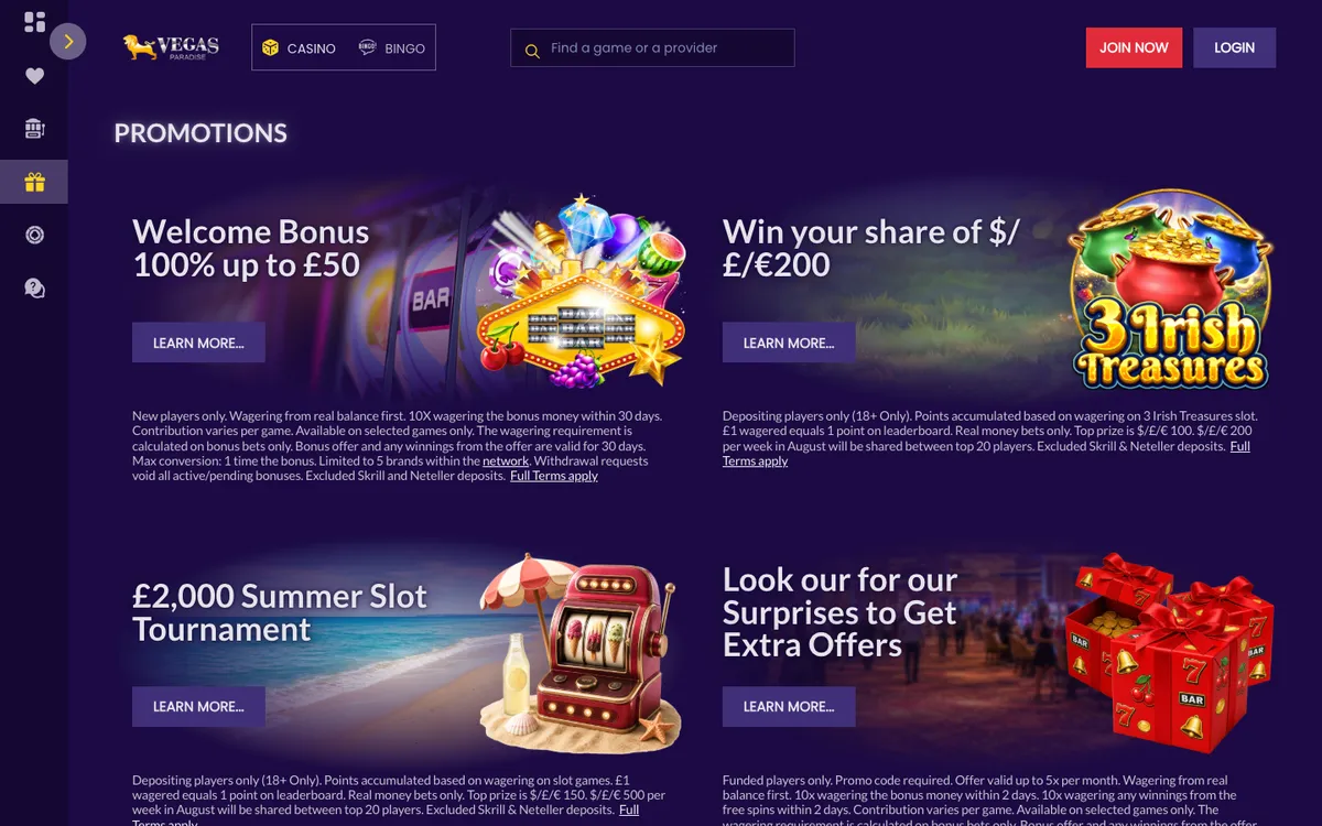 Vegas Paradise Casino — Promotions, captured from United Kingdom