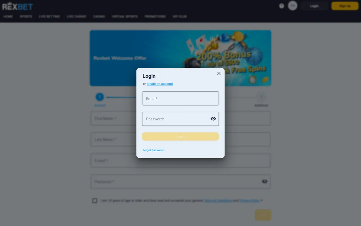 Rexbet Casino — Sign-up, captured from Canada