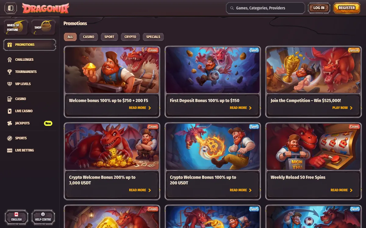 Dragonia Casino — Promotions, captured from Canada