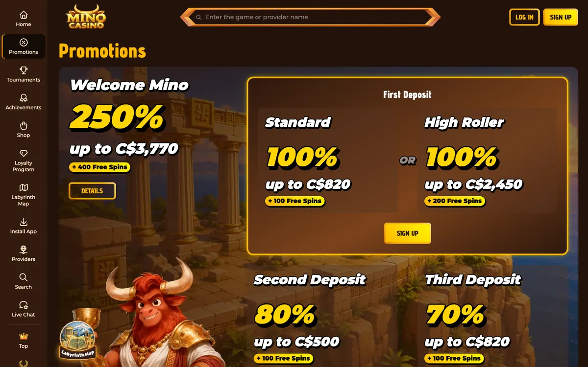 Mino Casino — Promotions, captured from Canada