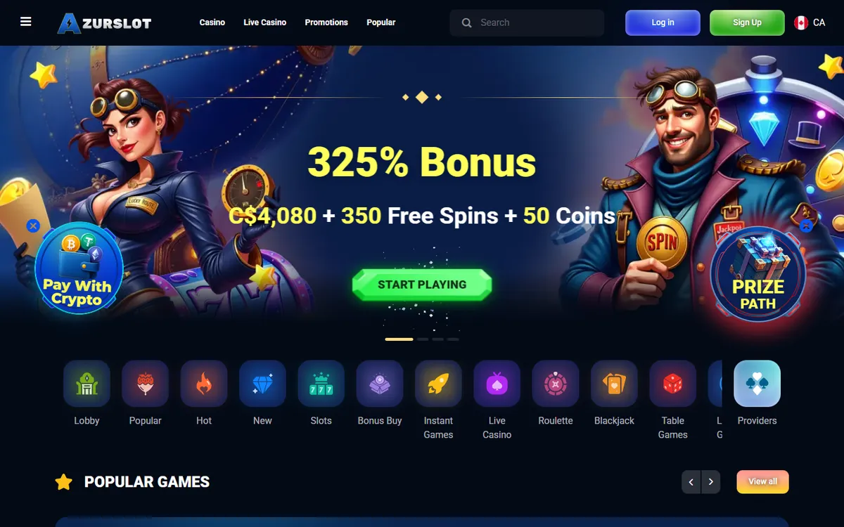 AzurSlot Casino — Home page, captured from Canada
