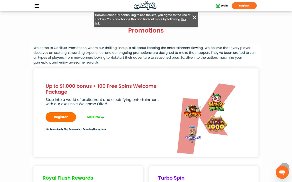 Casiku Casino — Promotions, captured from Canada