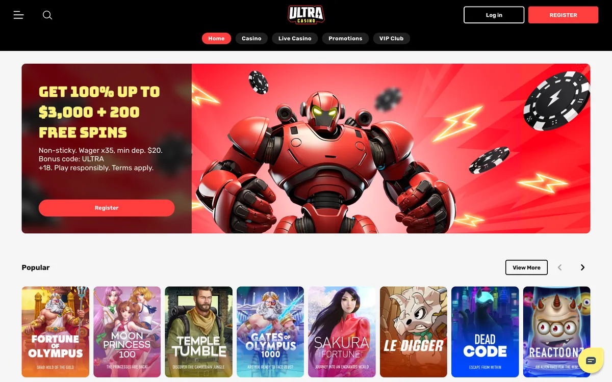 UltraCasino — Home page, captured from New Zealand