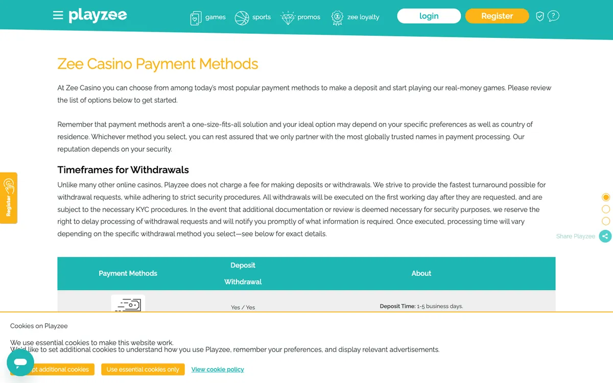 Playzee Casino — «Платежи», снято из страны Великобритания