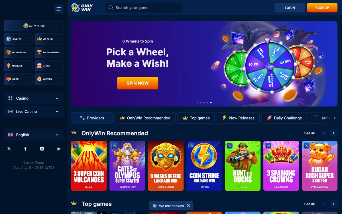 OnlyWin Casino — Home page, captured from New Zealand