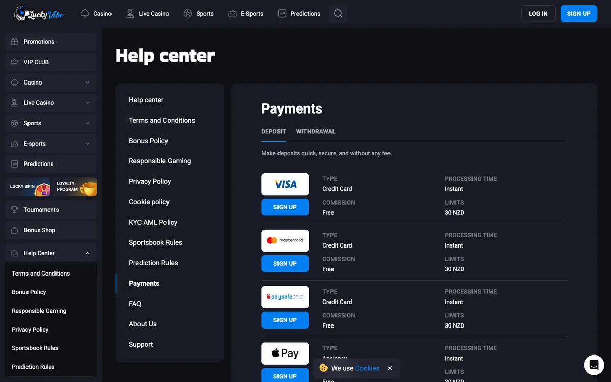 Lucky Vibe Casino — Payments, captured from New Zealand