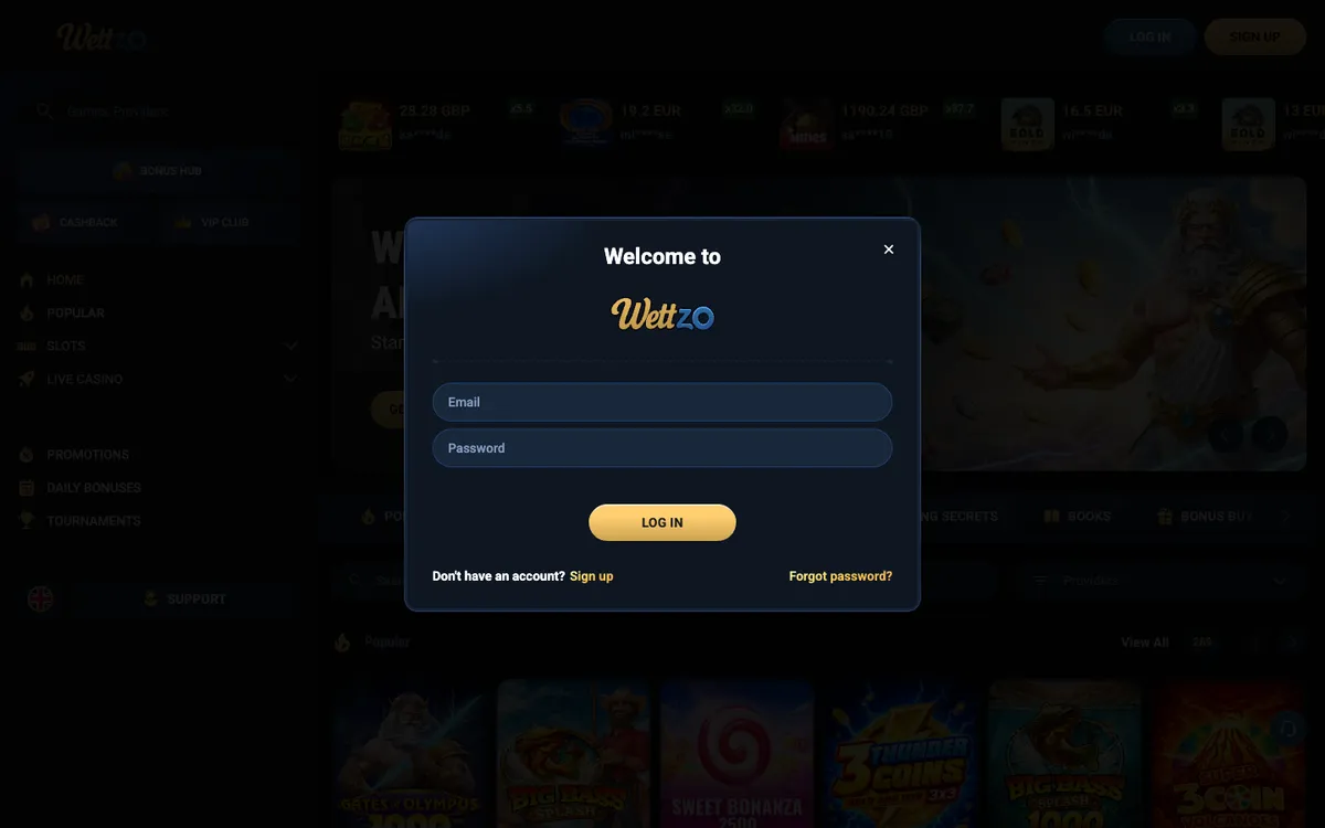 Wettzo Casino — Sign-up, captured from Portugal