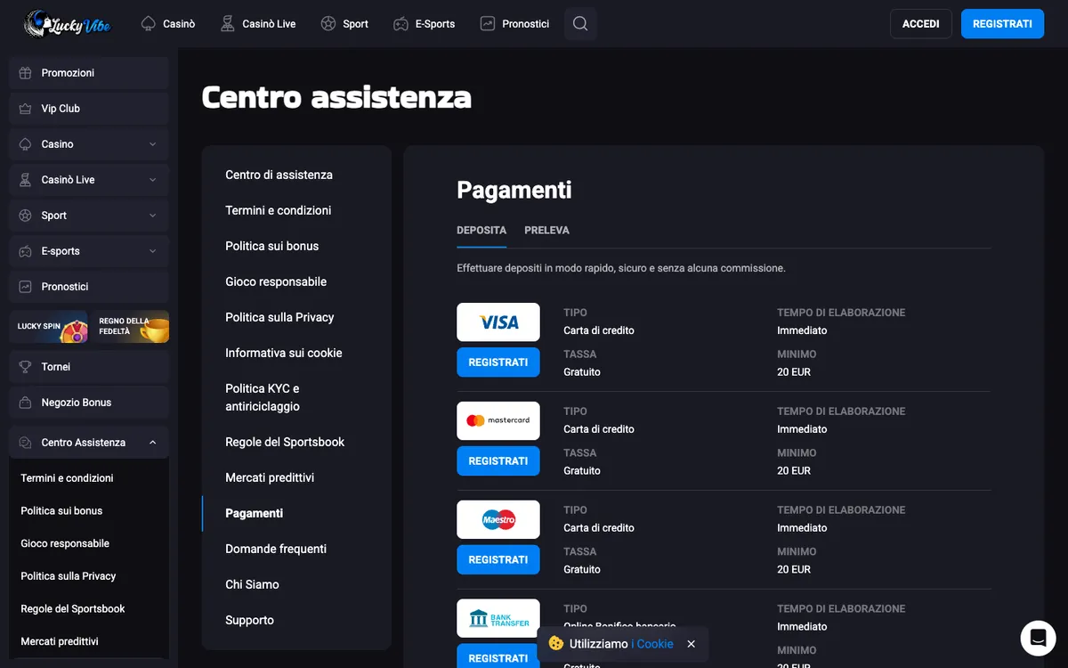 Lucky Vibe Casino — Payments, captured from Italy