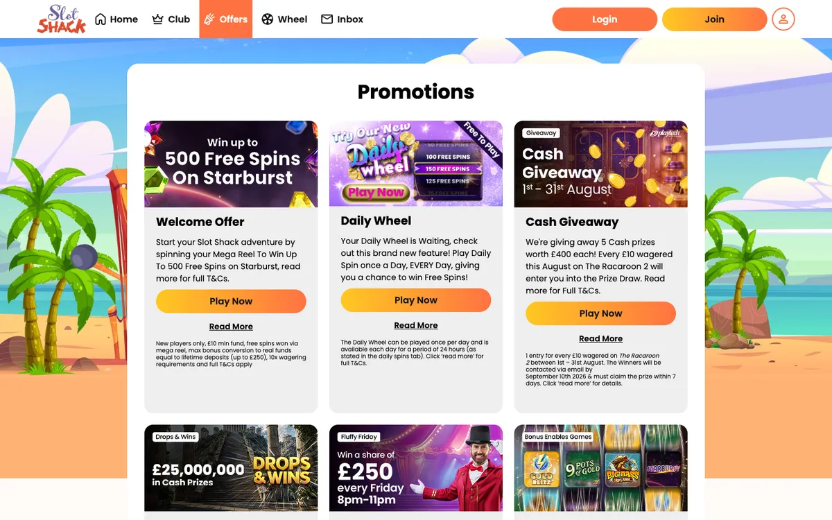 Slot Shack Casino — Promotions, captured from United Kingdom