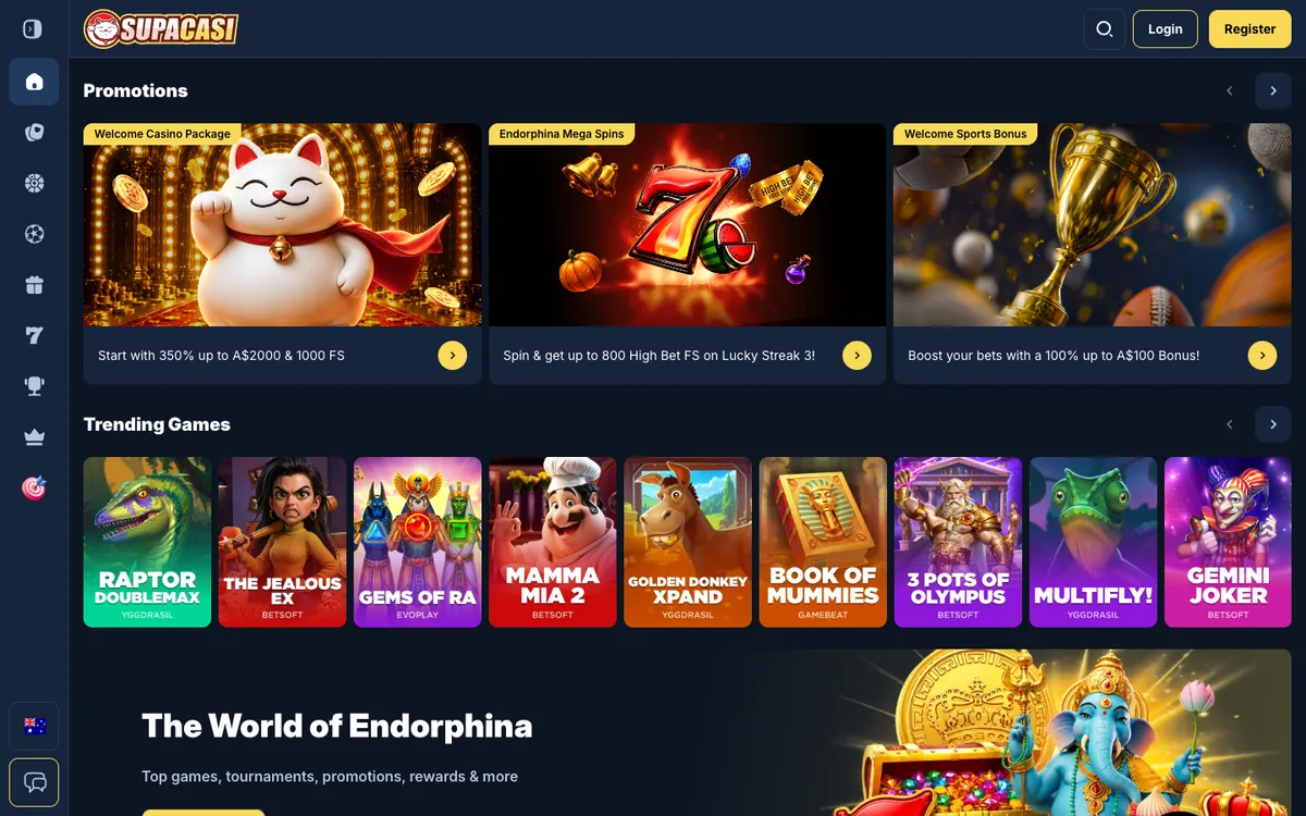 Supacasi.io Casino — Home page, captured from Australia