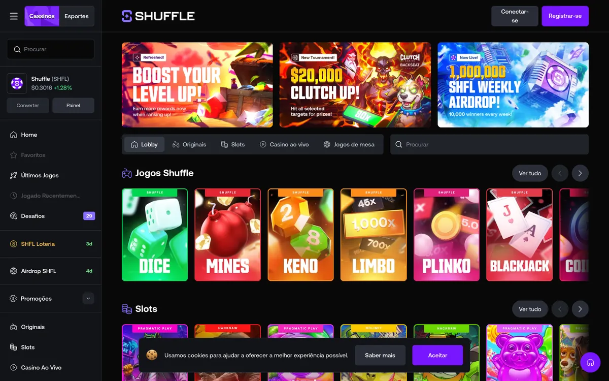 Shuffle Casino — Home page, captured from Brazil
