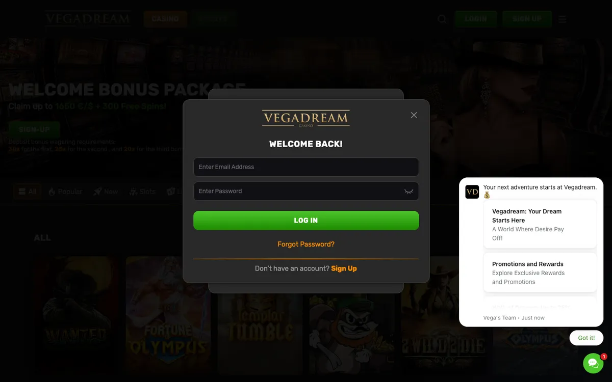 Vegadream Casino — Sign-up, captured from Canada