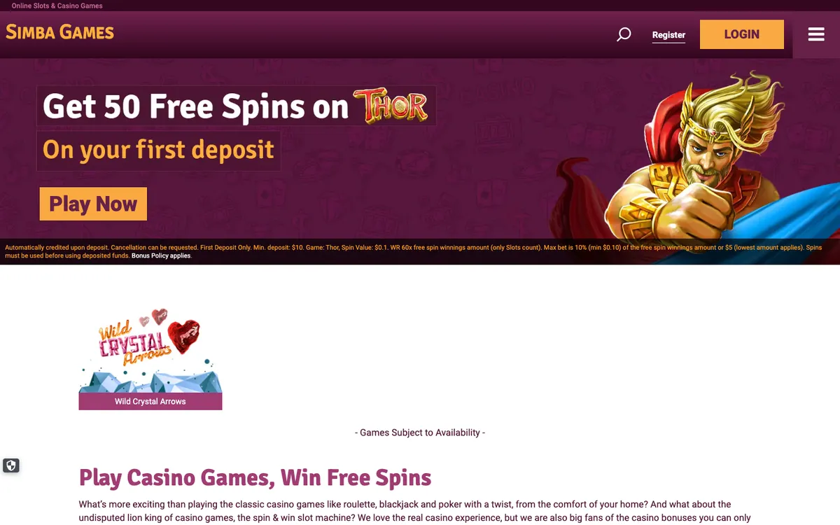 Simba Games — Home page, captured from Canada
