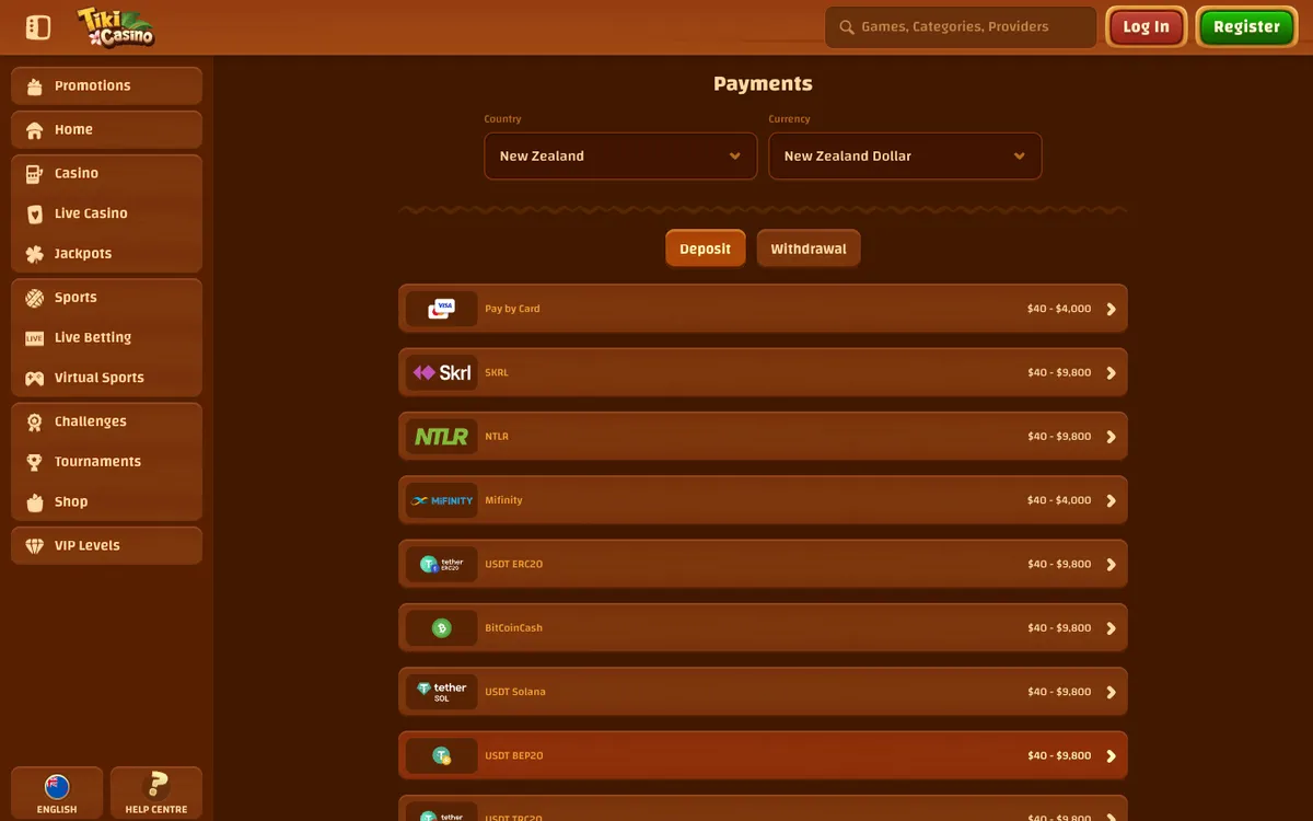 Tiki Casino — Payments, captured from New Zealand