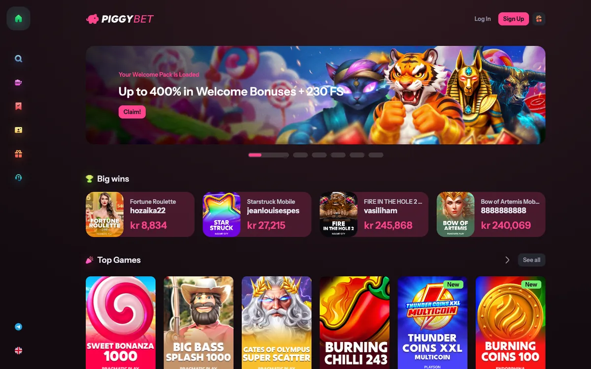 PiggyBet Casino — Home page, captured from Norway