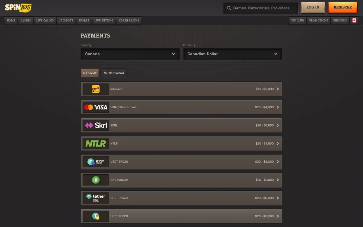 SpinBoss Casino — Payments, captured from Canada