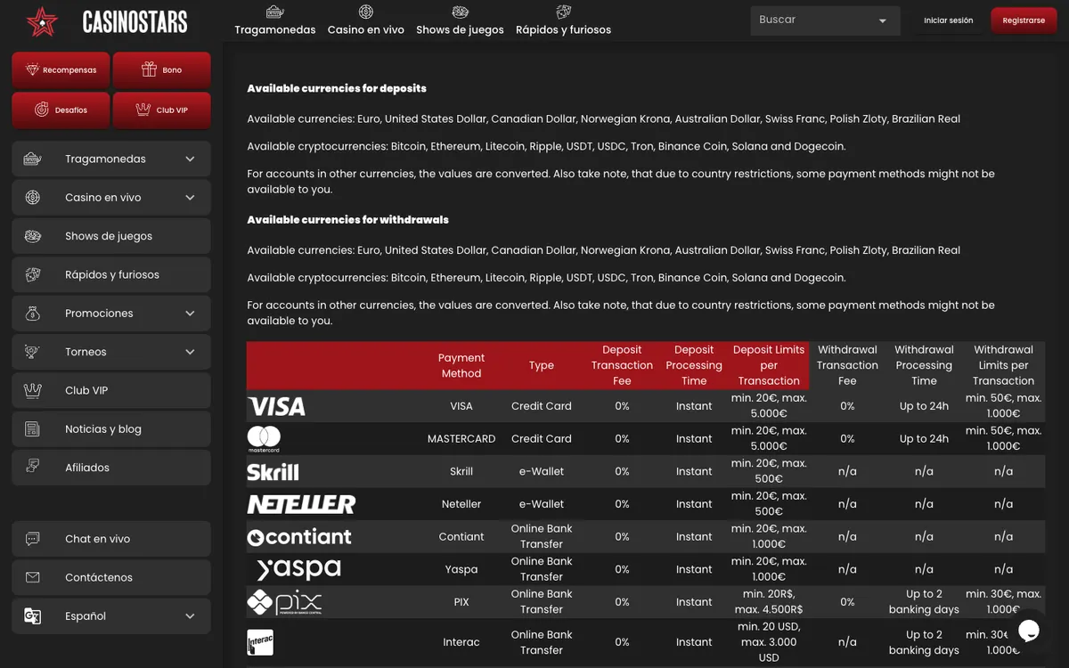 Casinostars.io — Payments, captured from Spain