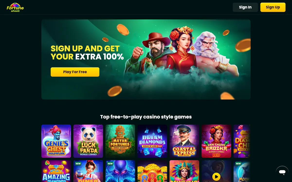 Fortune Wheelz Casino — Home page, captured from United States