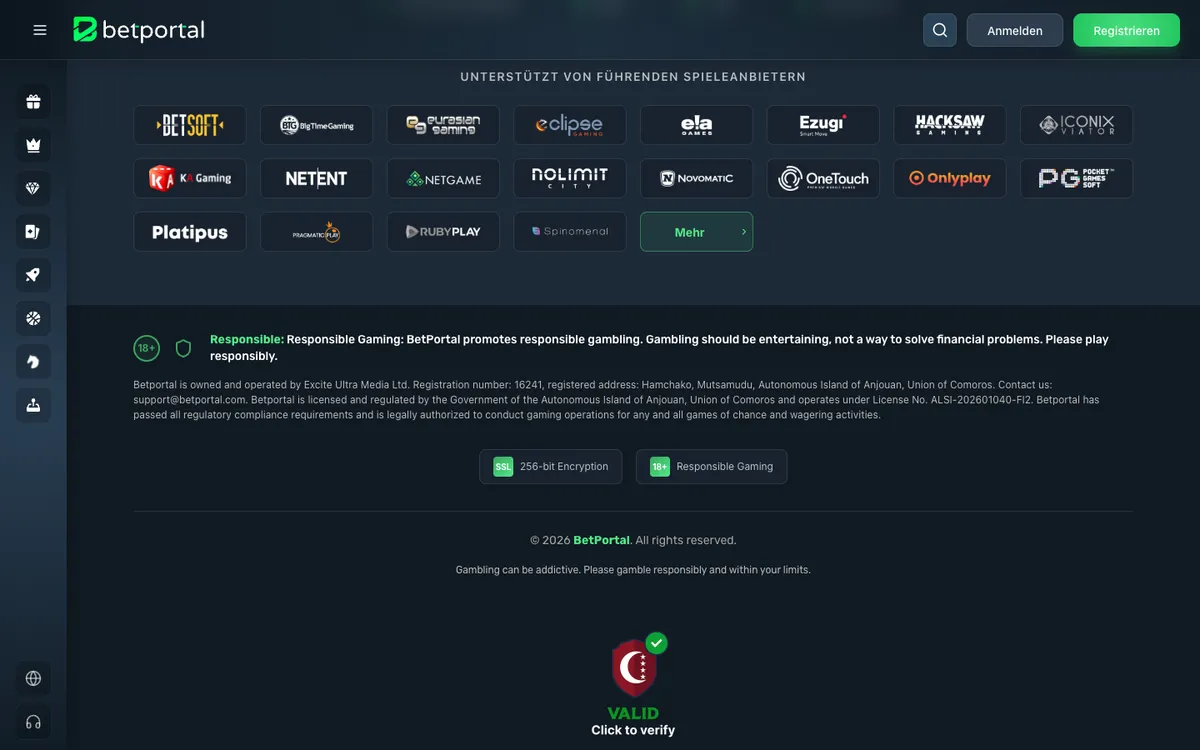 BetPortal Casino — Home page, captured from Austria