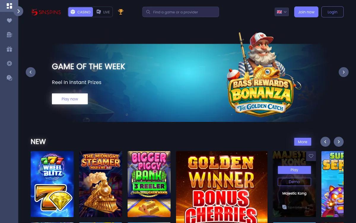 Sin Spins Casino — Home page, captured from Australia