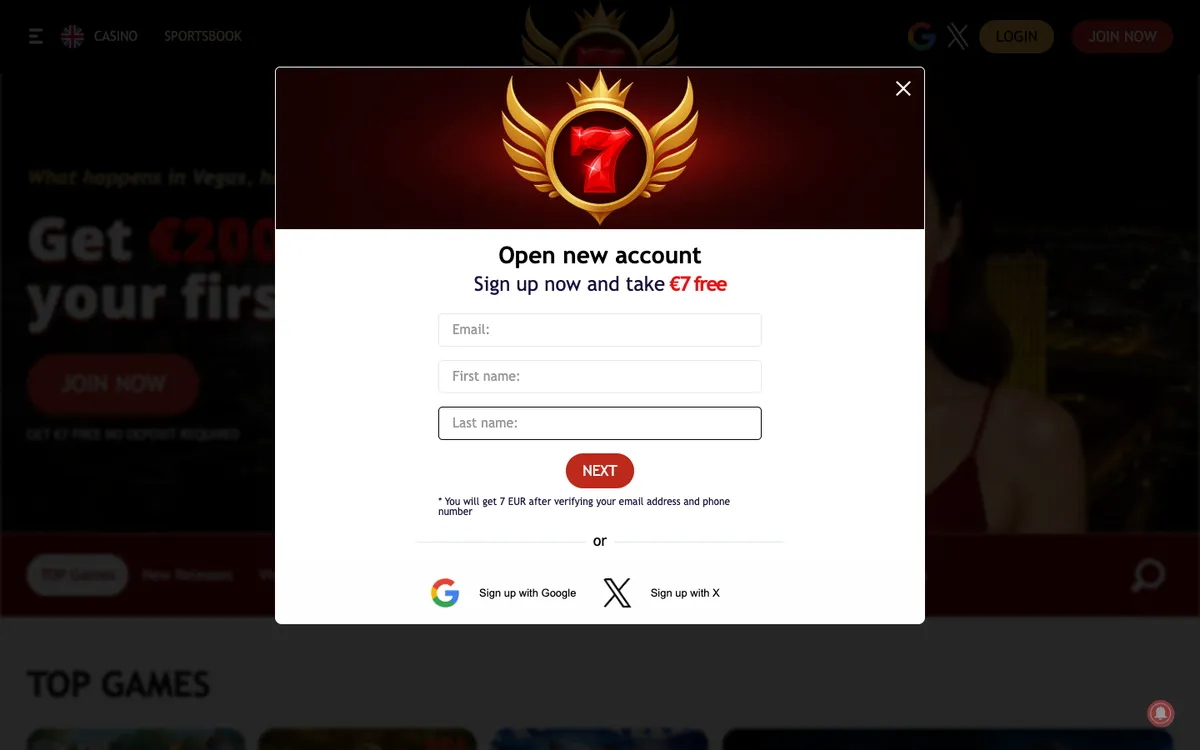 7Red Casino — Sign-up, captured from Belgium
