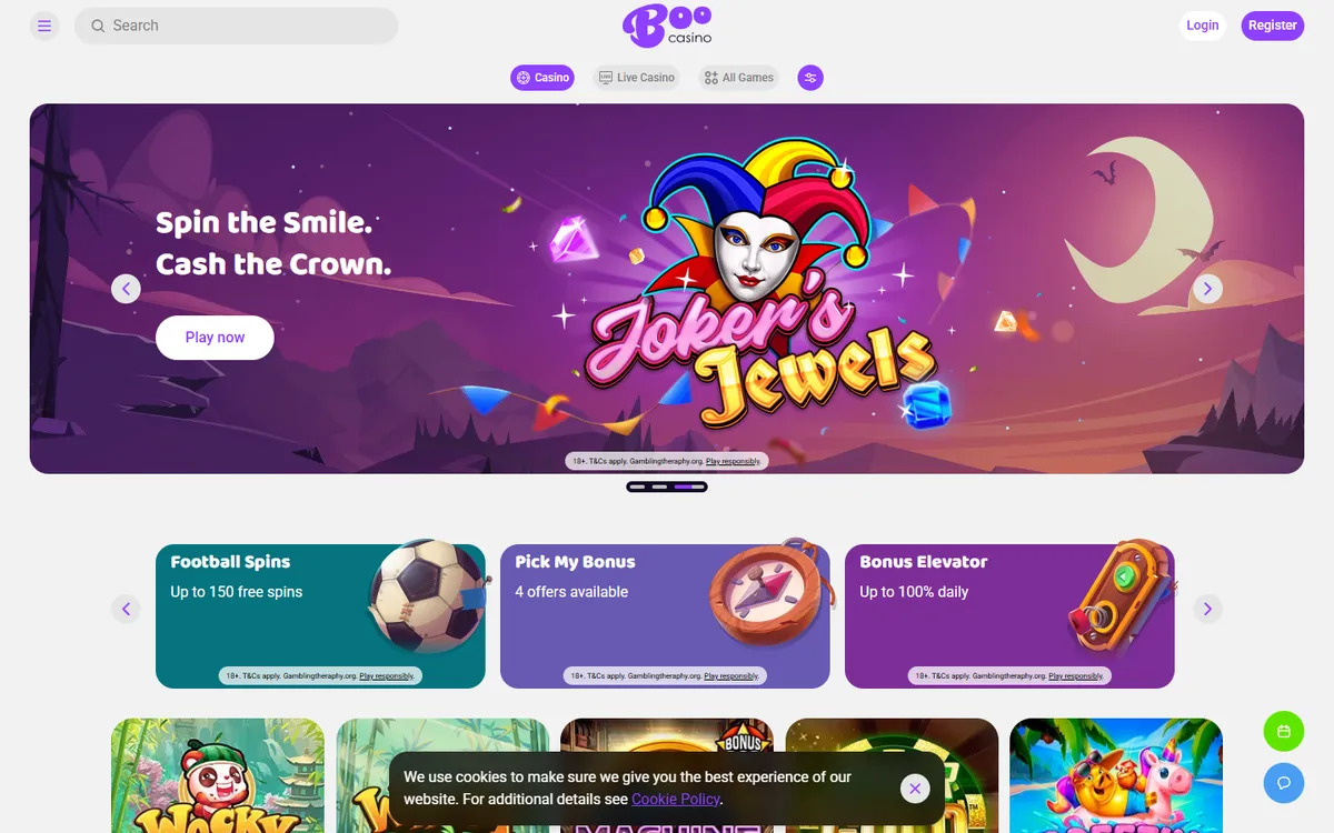 Boo Casino — Home page, captured from Canada