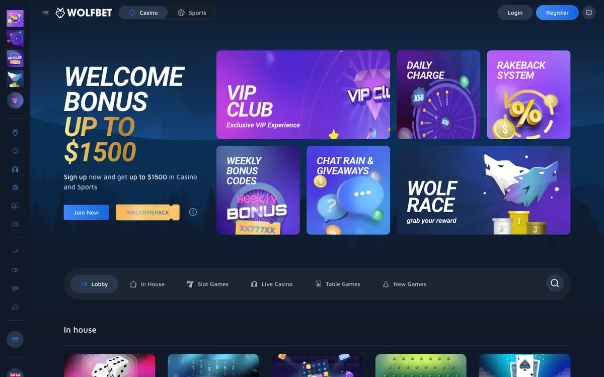 WOLFBET Casino — Home page, captured from Indonesia