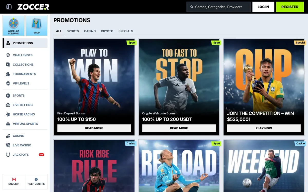 Zoccer Casino — Promotions, captured from Canada