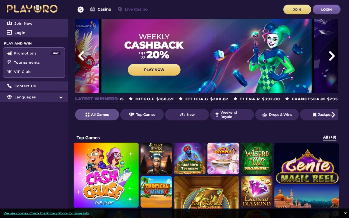 Playoro Casino — «Главная», снято из страны Канада