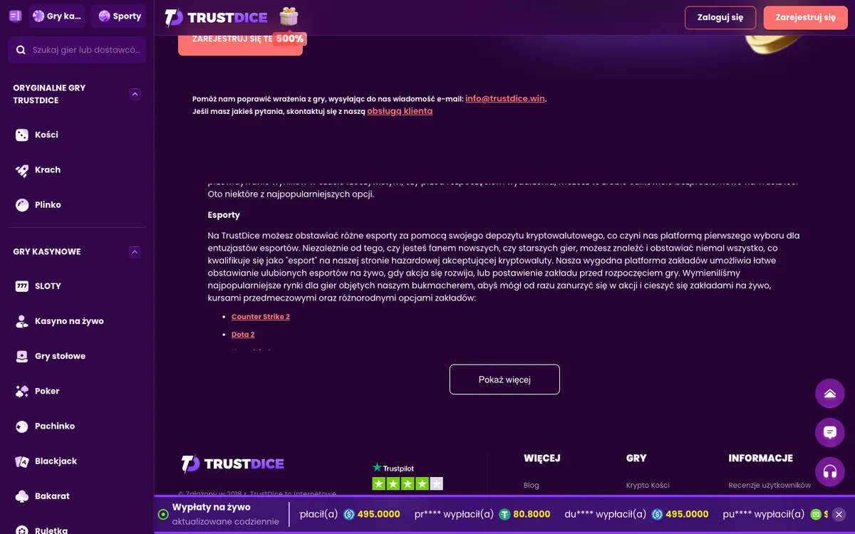TrustDice Casino — Home page, captured from Poland