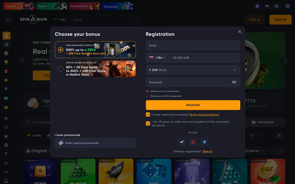 Spinarium Casino — Sign-up, captured from Slovenia