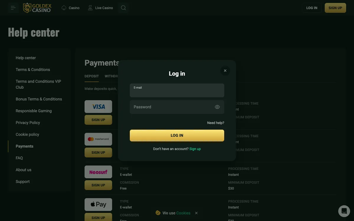 Goldex Casino — Sign-up, captured from Canada