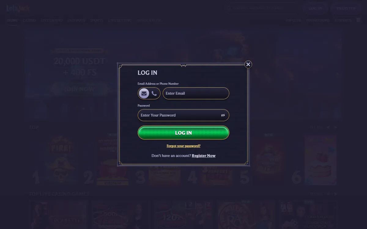 LolaJack Casino — Sign-up, captured from Canada