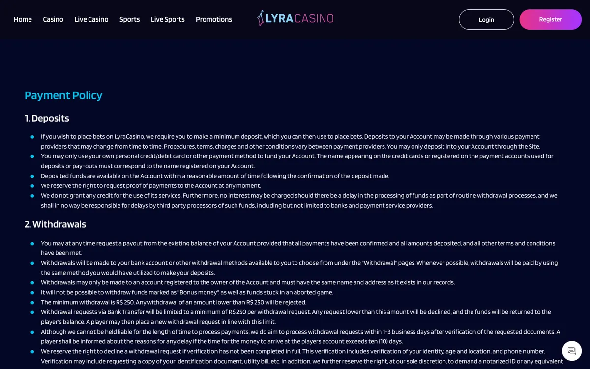 LyraCasino — Payments, captured from Belgium