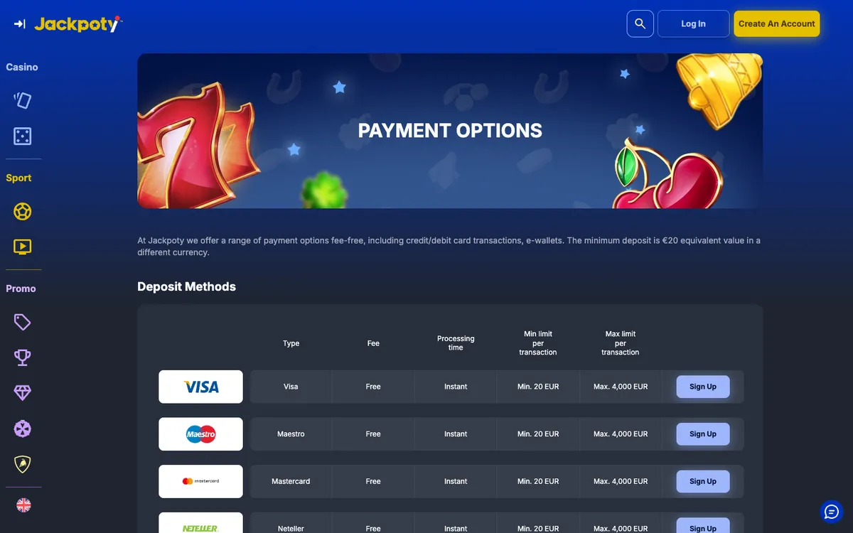 Jackpoty Casino — Payments, captured from South Africa