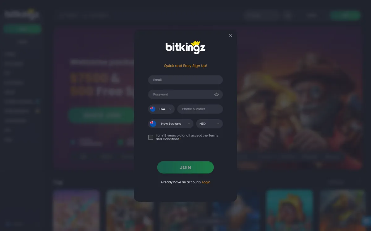 Bitkingz Casino — Sign-up, captured from New Zealand