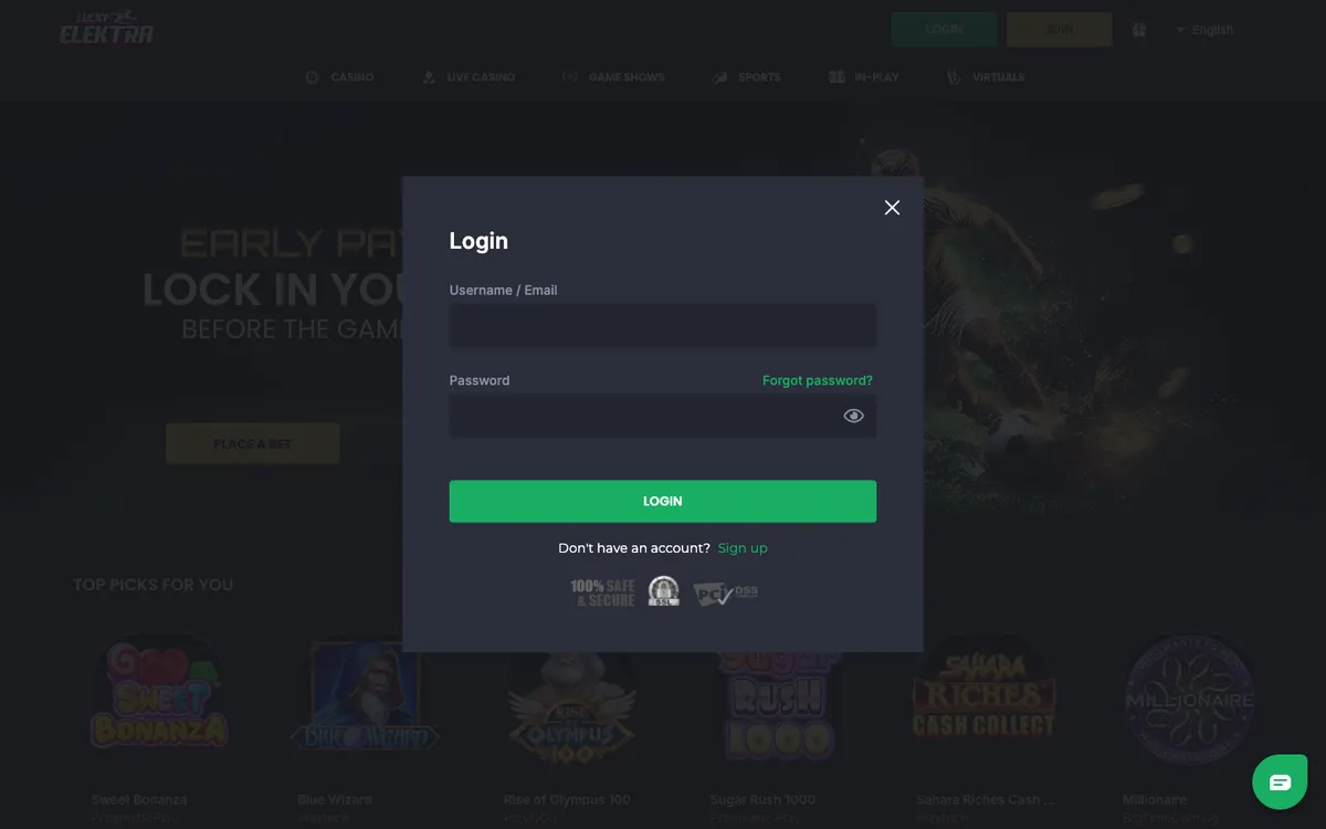 LuckyElektra Casino — Sign-up, captured from Czechia