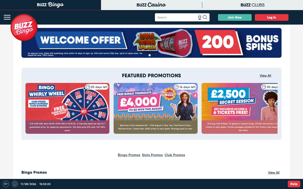 Buzz Bingo Casino — «Акции», снято из страны Великобритания