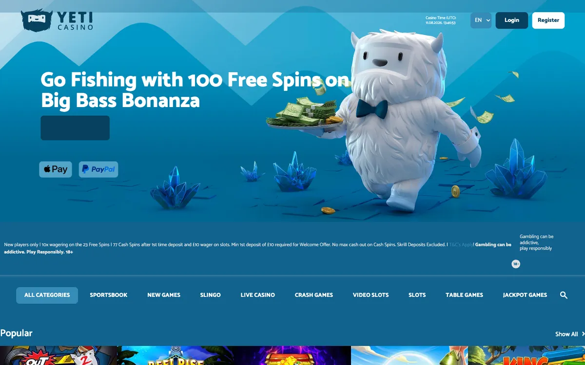 Yeti Casino — «Главная», снято из страны Великобритания