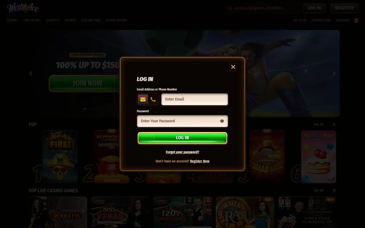 Westace Casino — Sign-up, captured from Canada