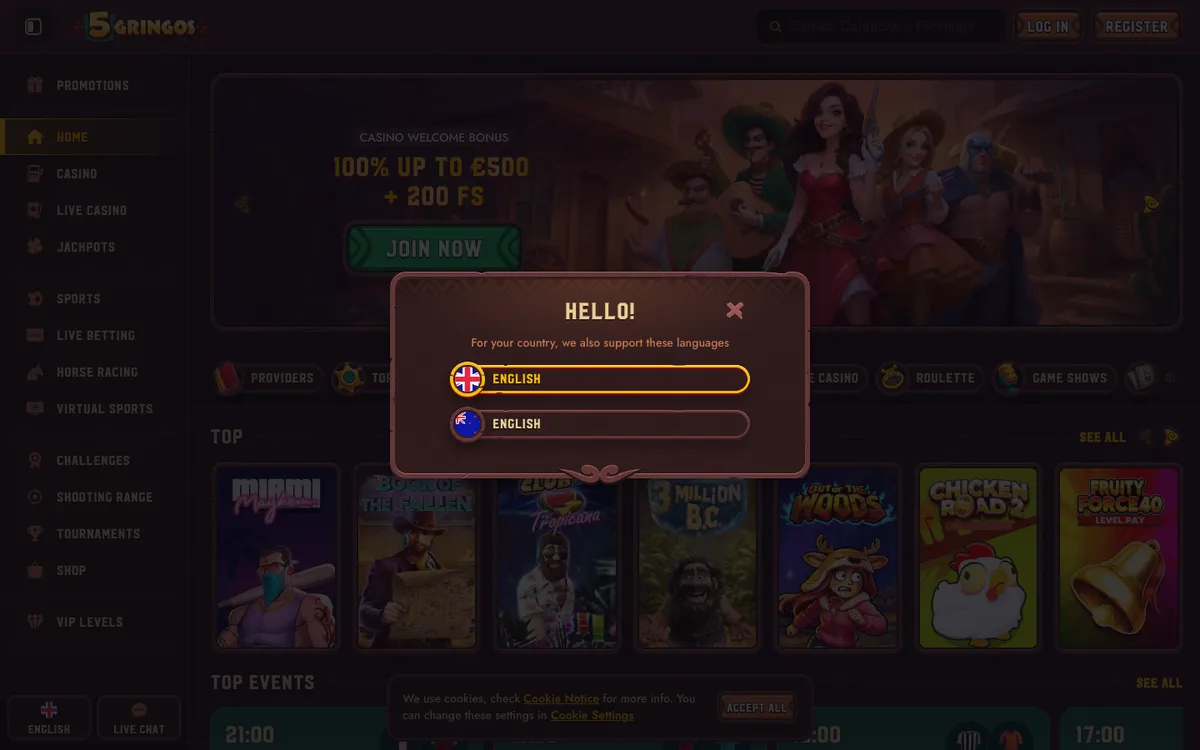 5Gringos Casino — «Главная», снято из страны Новая Зеландия