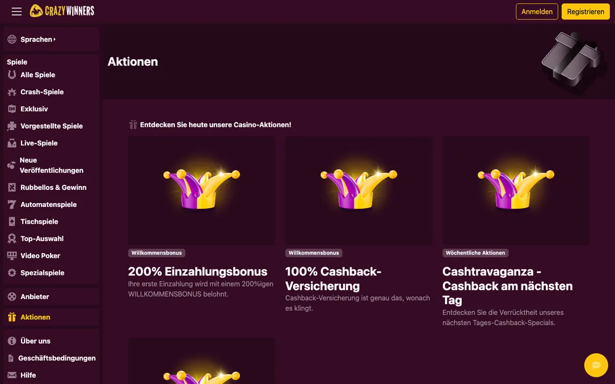 CrazyWinners Casino — «Акции», снято из страны Германия