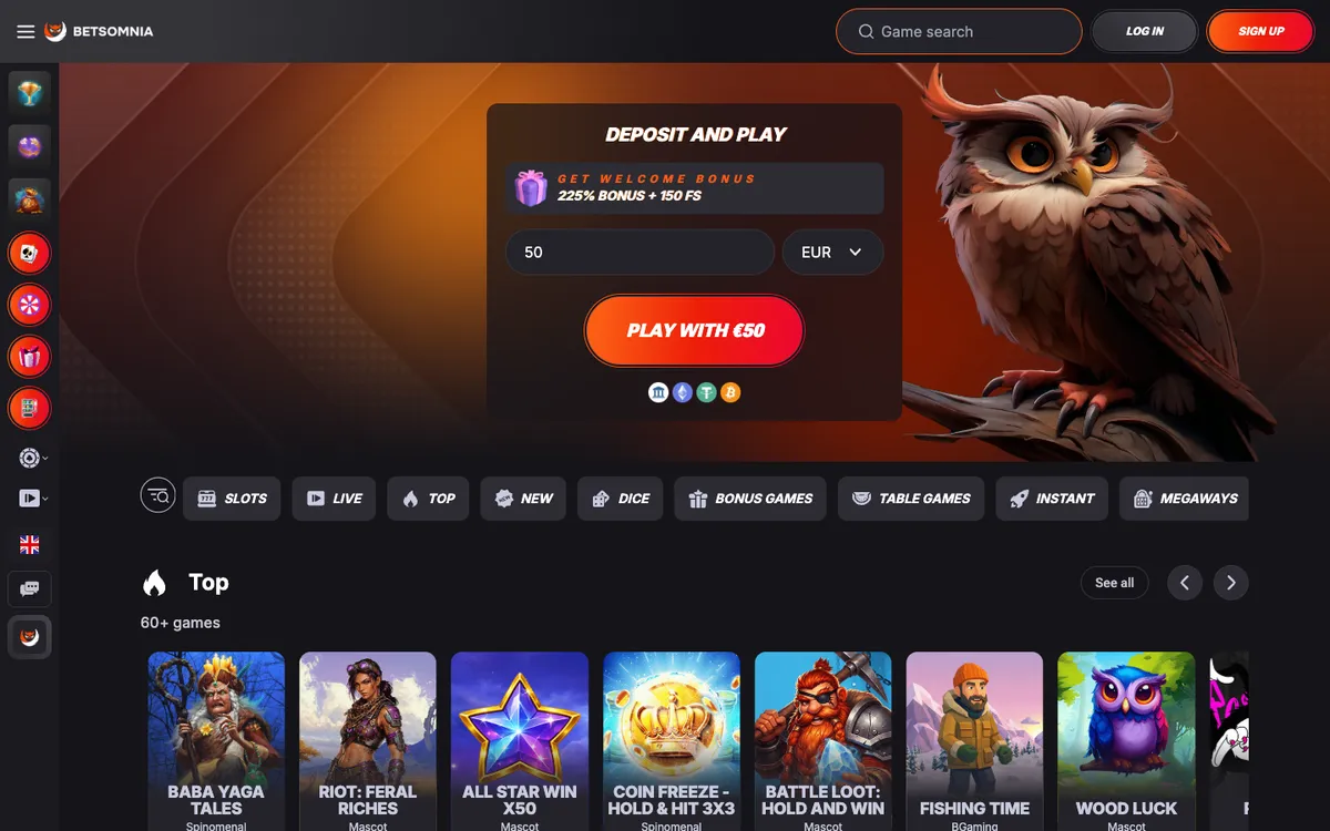 Betsomnia Casino — Home page, captured from South Africa