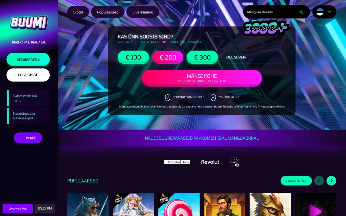 Buumi Casino — Home page, captured from Estonia