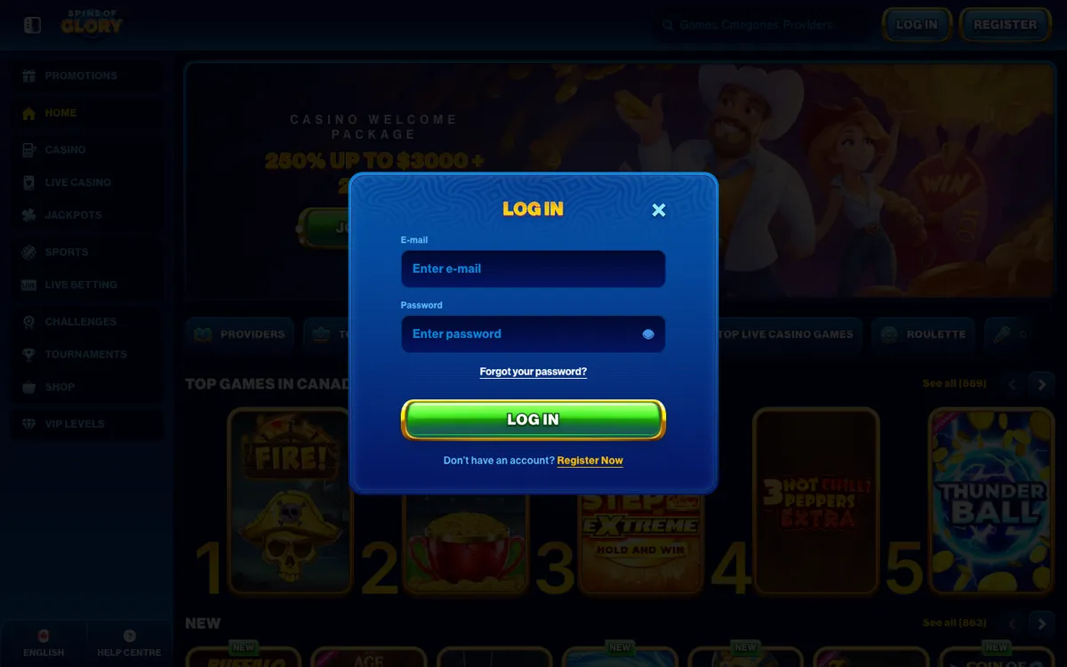 Spins of Glory Casino — Sign-up, captured from Canada