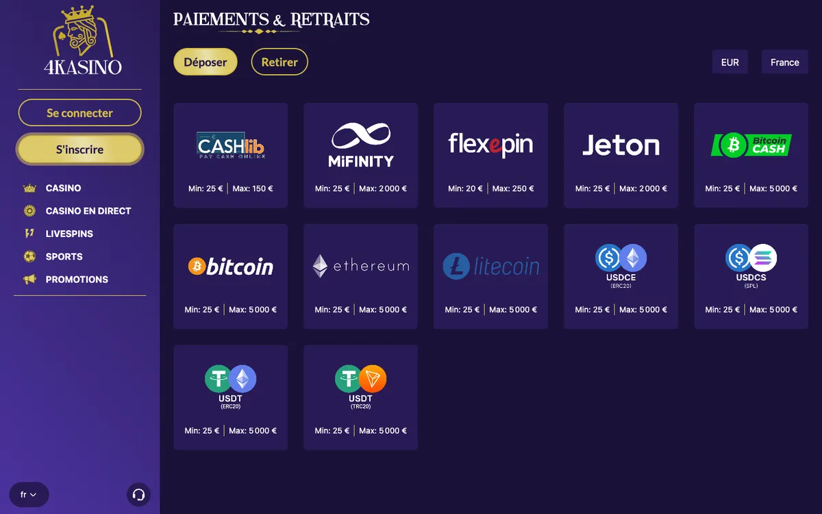 4Kasino Casino — «Платежи», снято из страны Франция